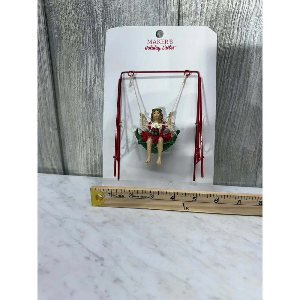 Makers Holiday Littles Swinging Fairy Miniature Figurine Red White Green 1550